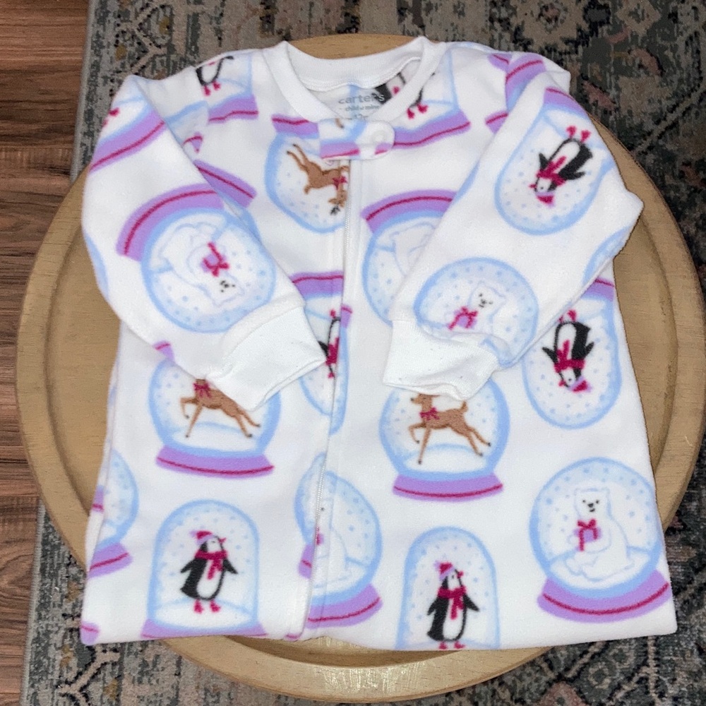 #92. Carter's - White Fleece Footed Pajamas with Snow Globe Print